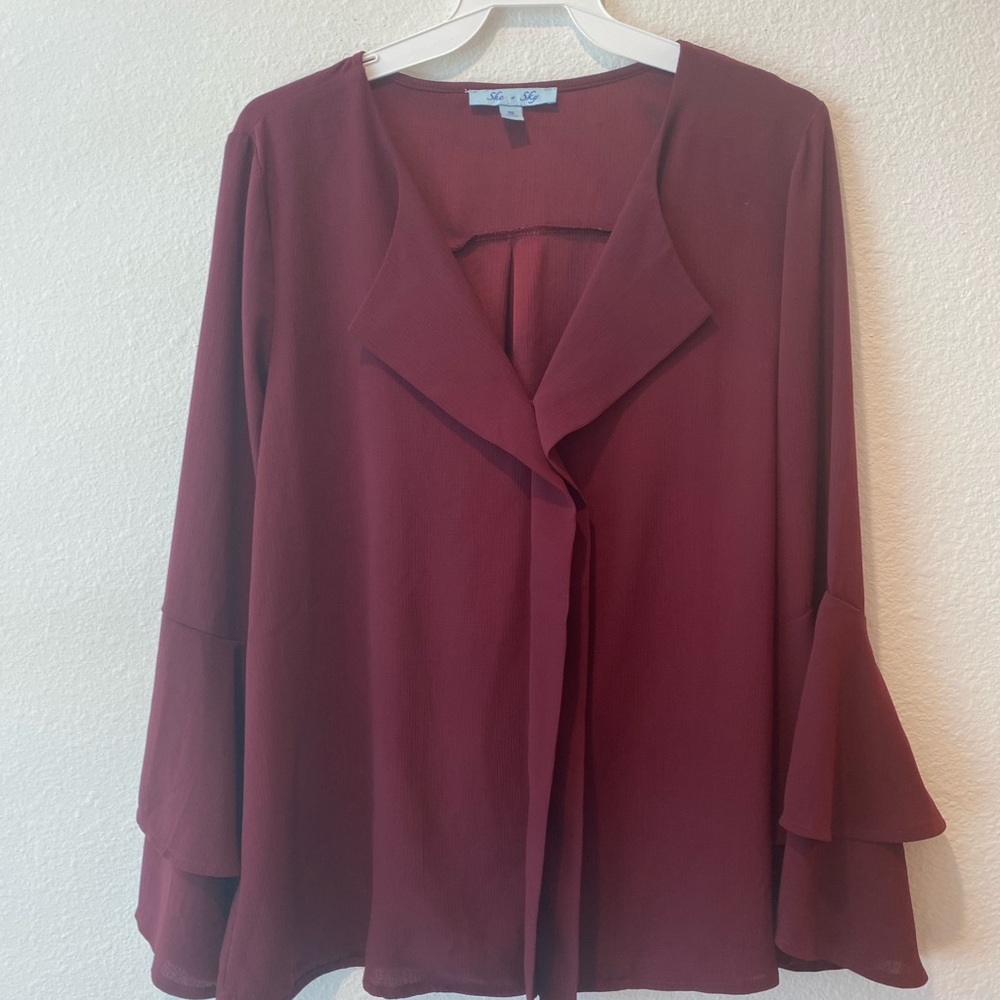 She and Sky Burgundy Ruffle-Sleeve Blouse